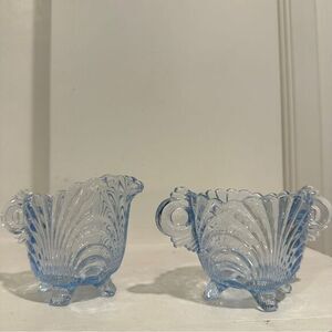 Vintage Blue Cambridge Glass Caprice Moonlight Blue Footed Sugar & Creamer 3”